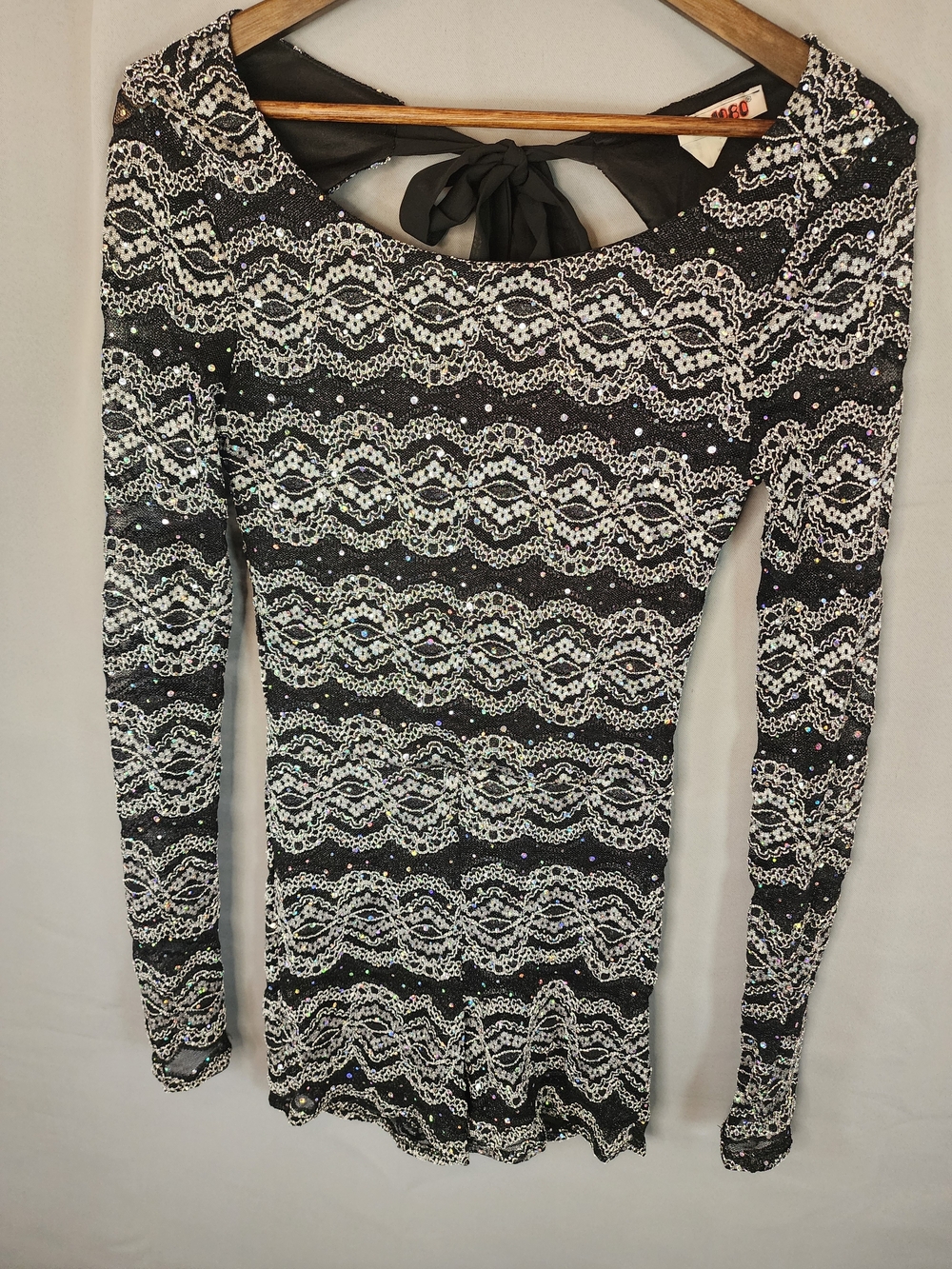 Sparkle Lace-Pattern Black & White Girls Long-Sleeve Romper